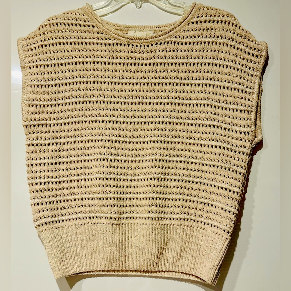Joie Top Sweater Vest Womens Medium Beige Open Knit Sheer Gold Sequin